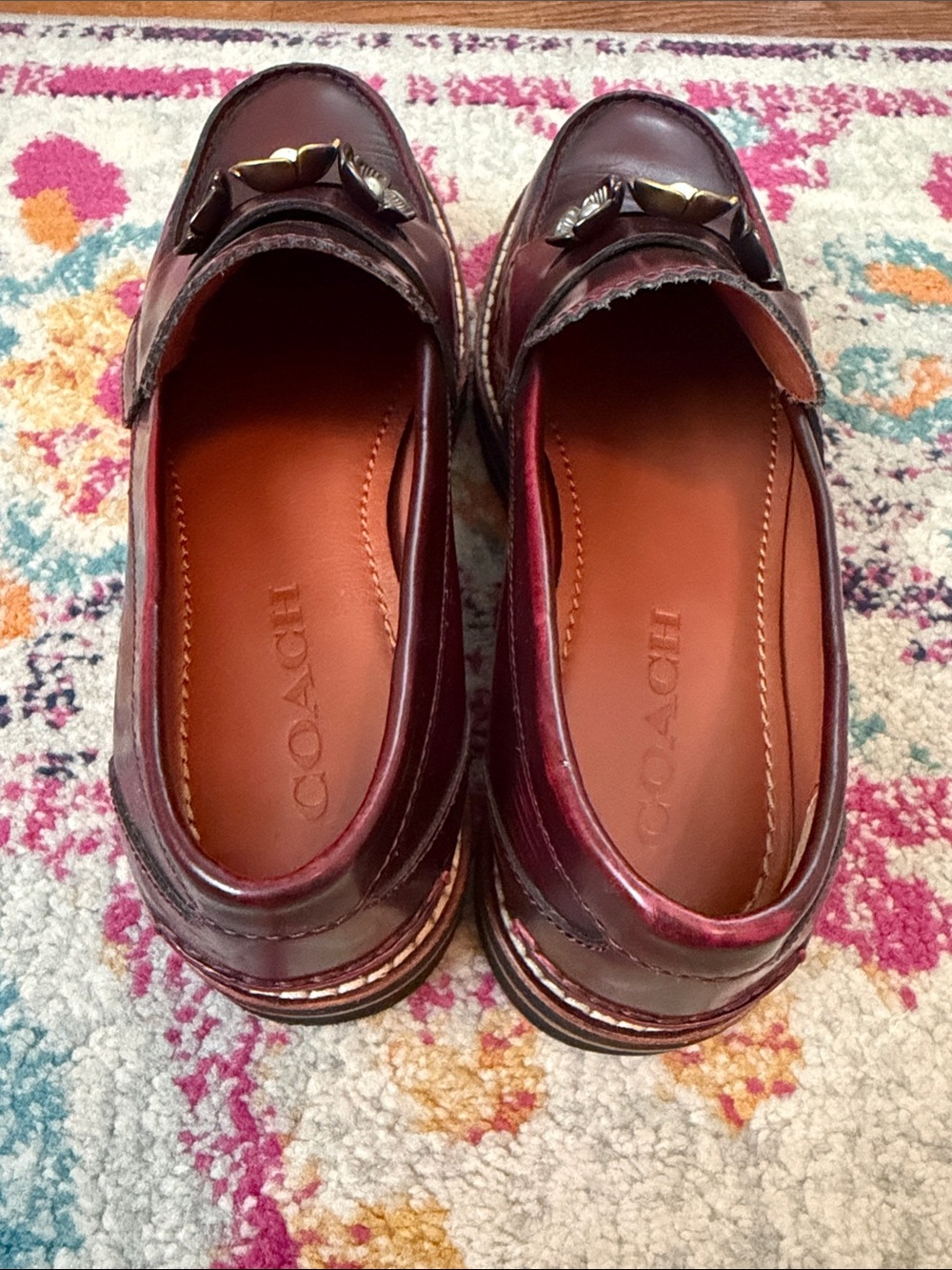Coach Burgundy Leather Floral-Accent Loafers - Picture 6 of 8